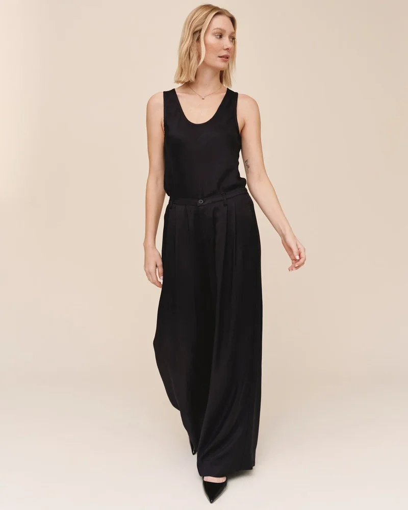 Double Pleat Wide Leg With Elastic Back - Black