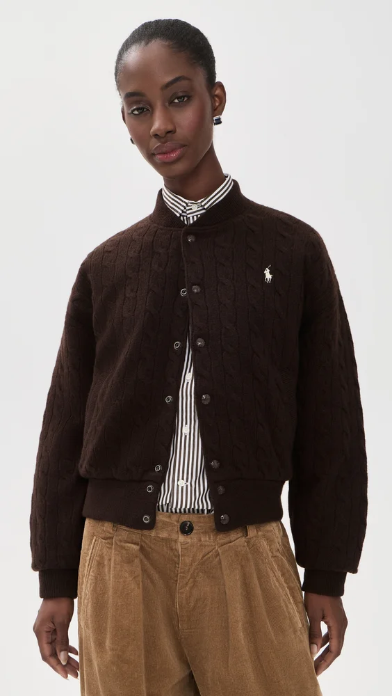 Cable Knit Wool Cashmere Bomber Jacket