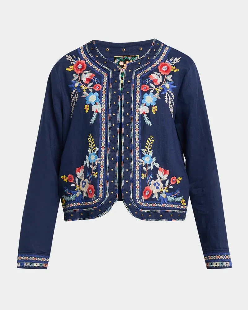 Floral-Embroidered Linen Bolero Jacket