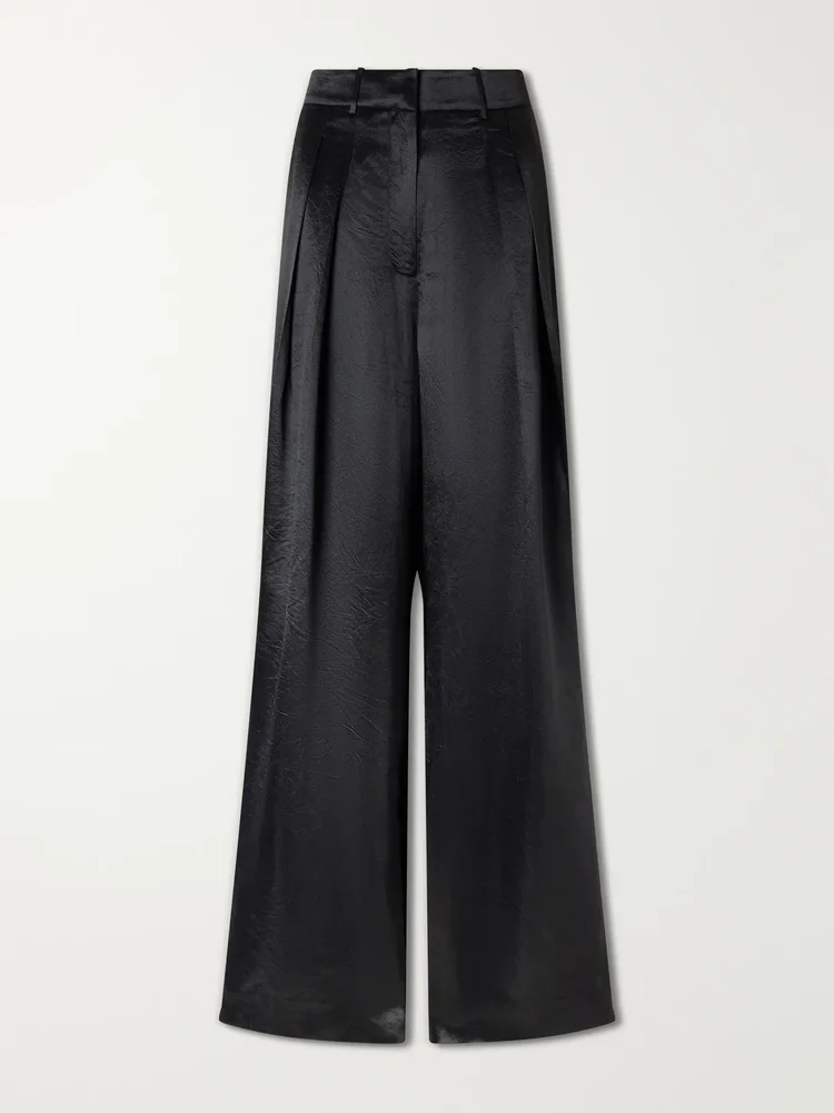 pleated satin high waist wide leg pants