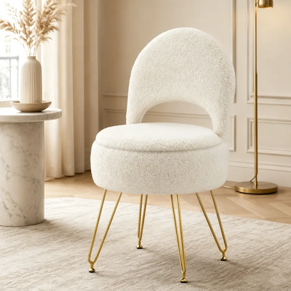Upholstered Vanity Stool Chair with Storage and Folding Back