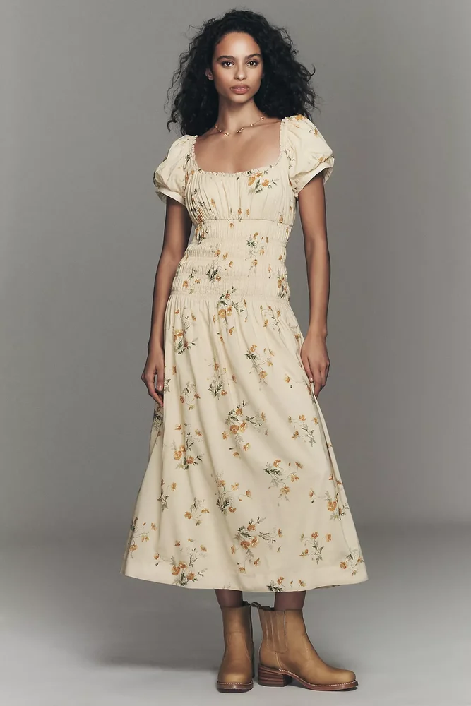 thereformation Reformation Riva Puff-Sleeve Smocked Midi Dress