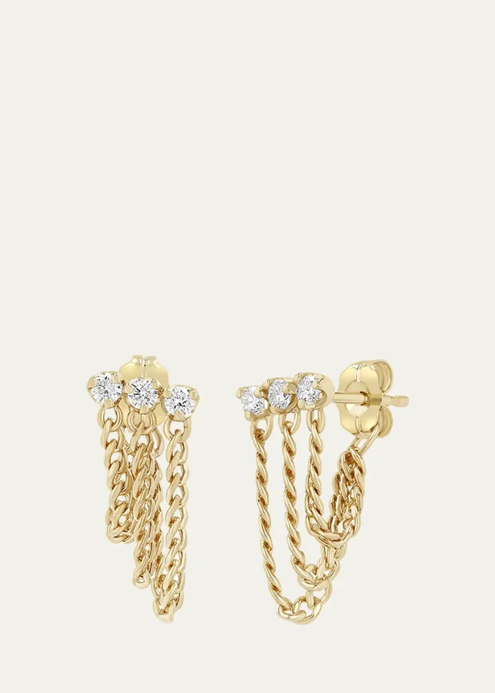 14K Extra-Small 3 Diamond Waterfall Chain Earrings