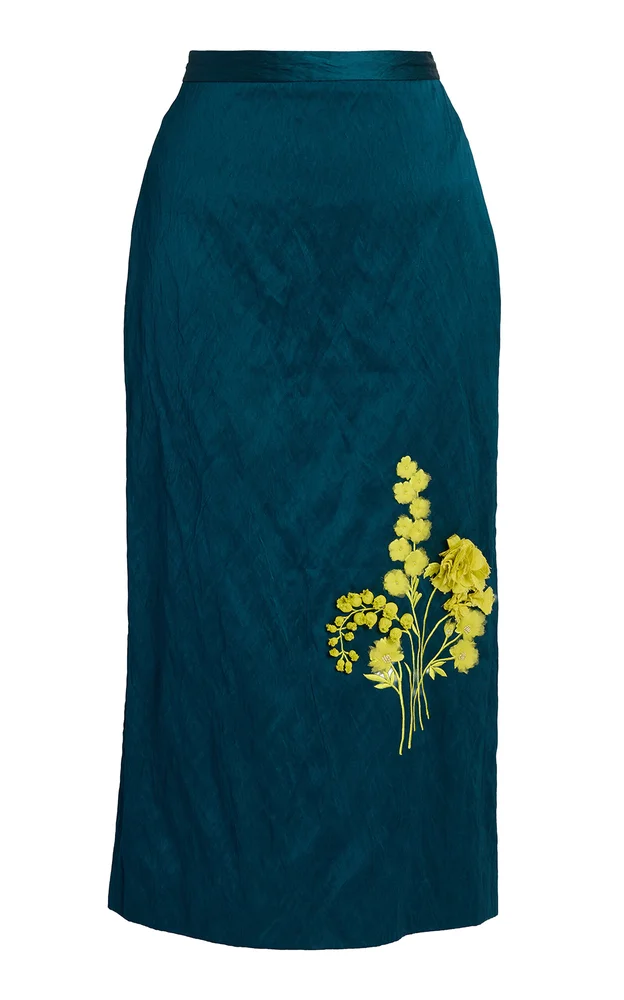 Floral Embroidered Satin Midi Skirt
