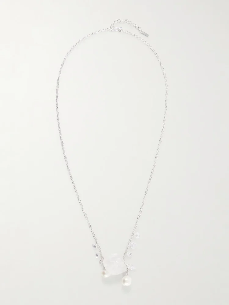 Pendulum recycled silver, cubic zirconia, crystal and pearl necklace