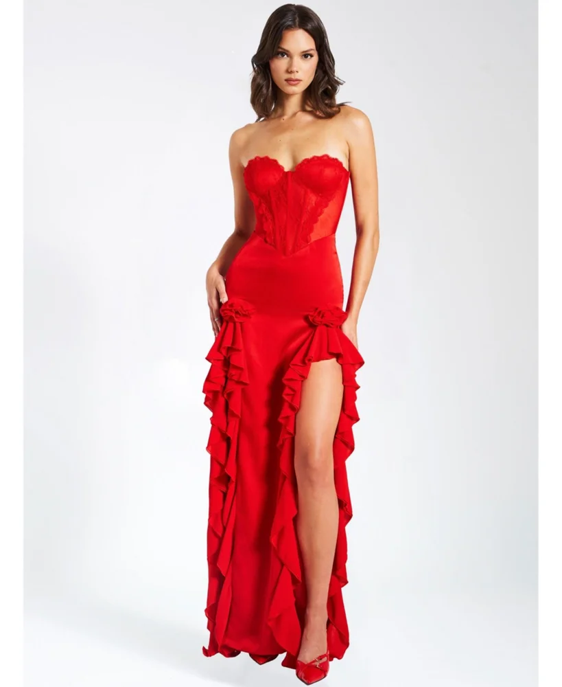 Talia Red Satin Lace Corset Maxi Dress