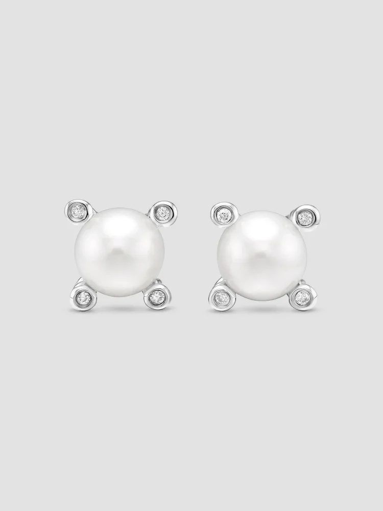 Pearl Stud Earrings in Sterling Silver with Pearls and Diamonds, 7.4mm