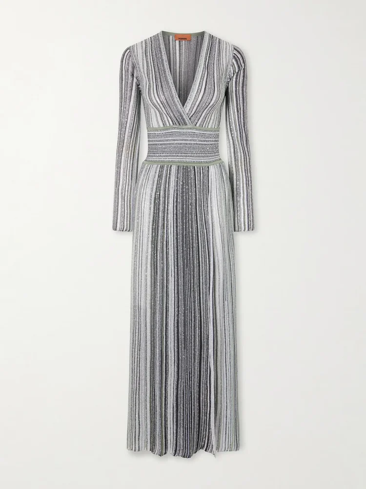 striped sequin embellished metalic crochet knit maxi dress