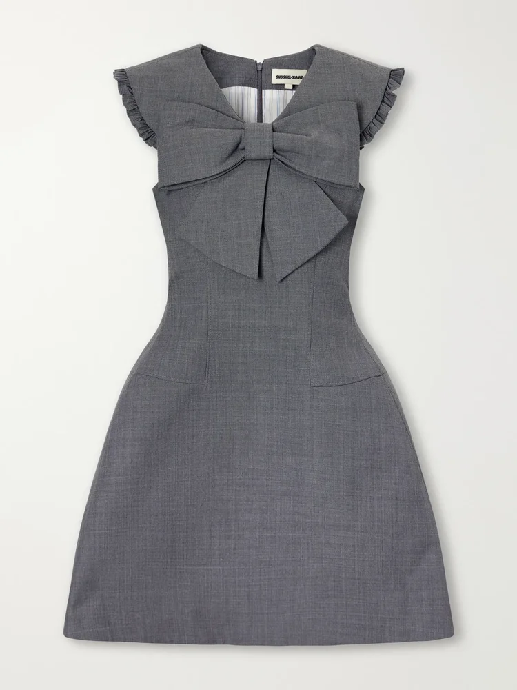Bow-detail ruffled twill mini dress