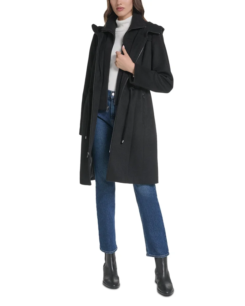 Hooded Slick Wool Blend Coat
