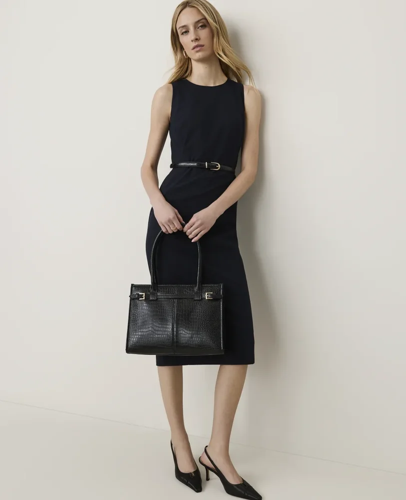The Belted Crew Neck Sheath Dress in Seasonless Stretch