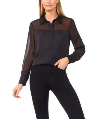 Women's Sheer Combo Button Down Long-Sleeve Top