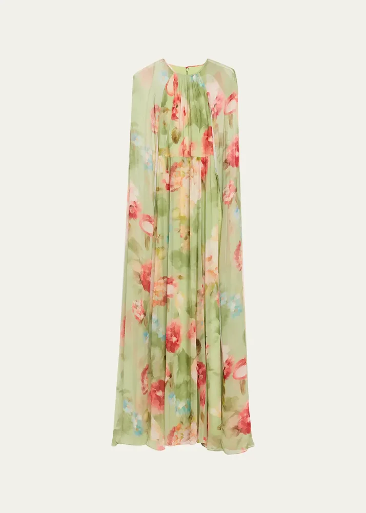 Floral-Print Chiffon Cape Gown