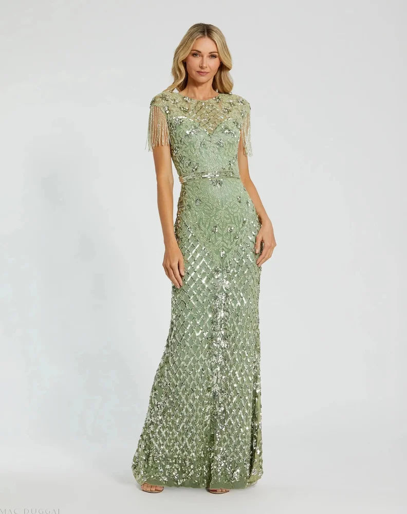 Sage High Neck Beaded Fringe Fitted Gown