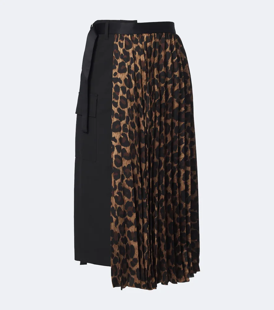 Paneled leopard-print midi skirt