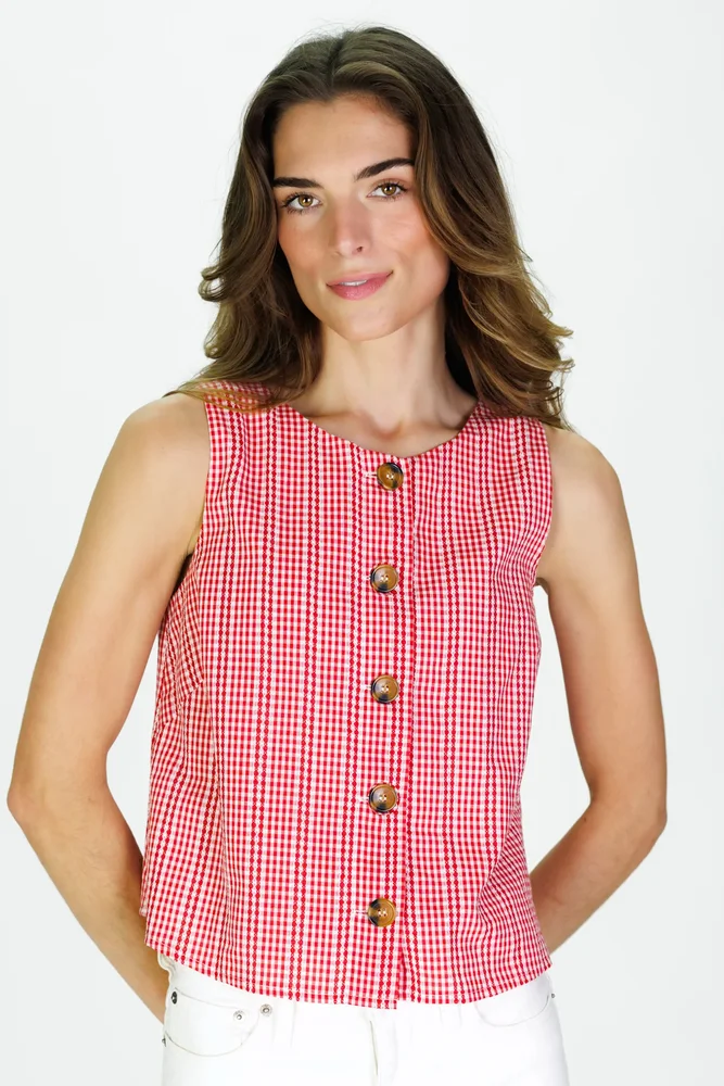 Della Top in Red Stitched Gingham