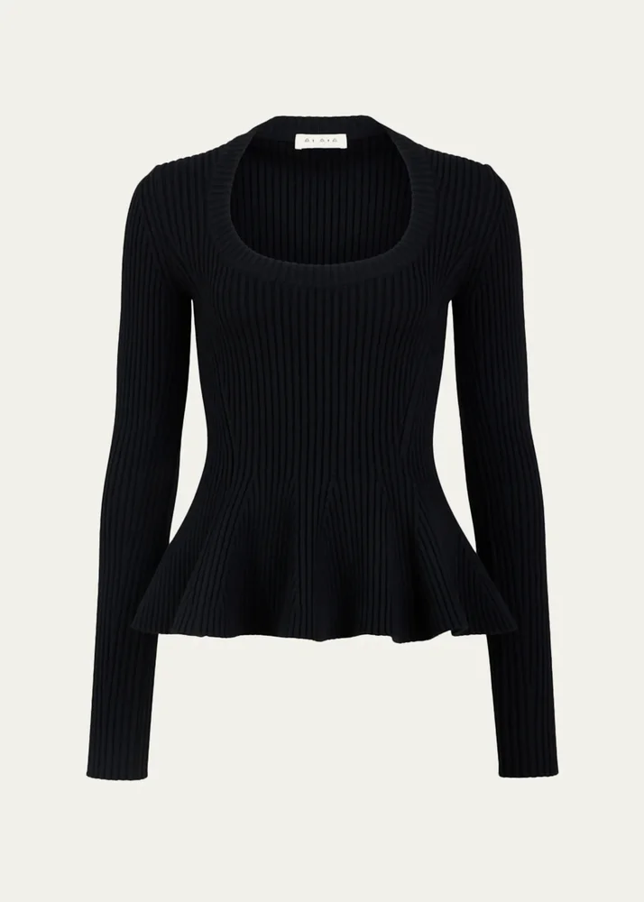 Wool Rib Long-Sleeve Peplum Top