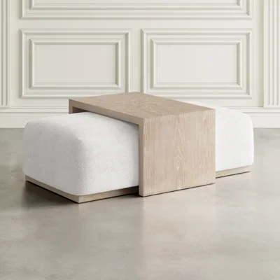 Babs 48" Luxury Ivory Boucle Upholstered Sliding Ottoman with Wheels and Table Top