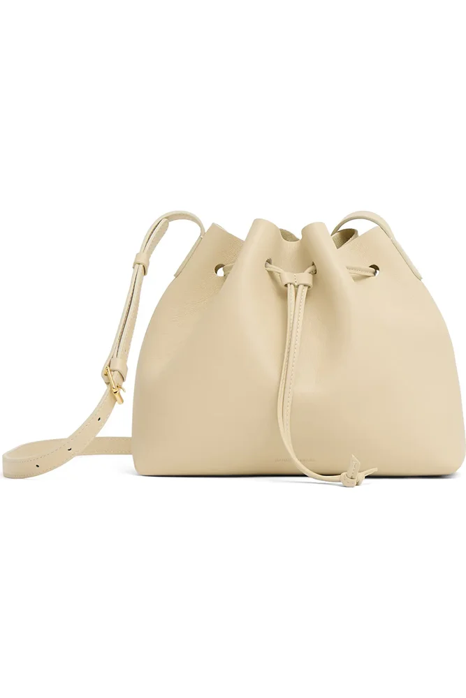 Leather Drawstring Bucket Bag, Crema