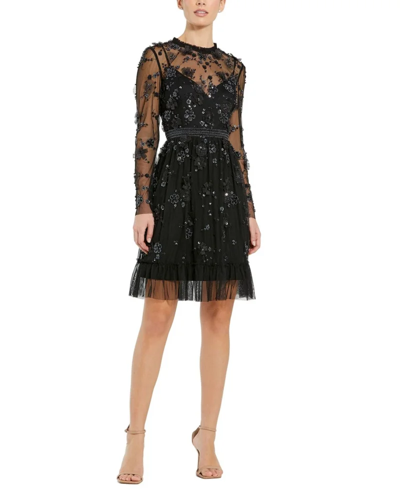 Sheer Long Sleeve Embellished Midi Dress