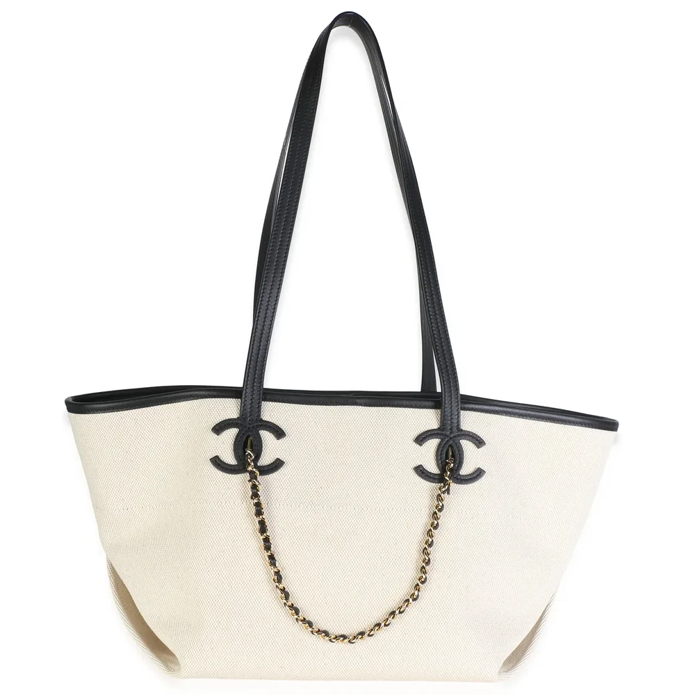 Chanel 26S Ecru Canvas Black Calfskin Small CC Shopping Tote Bag