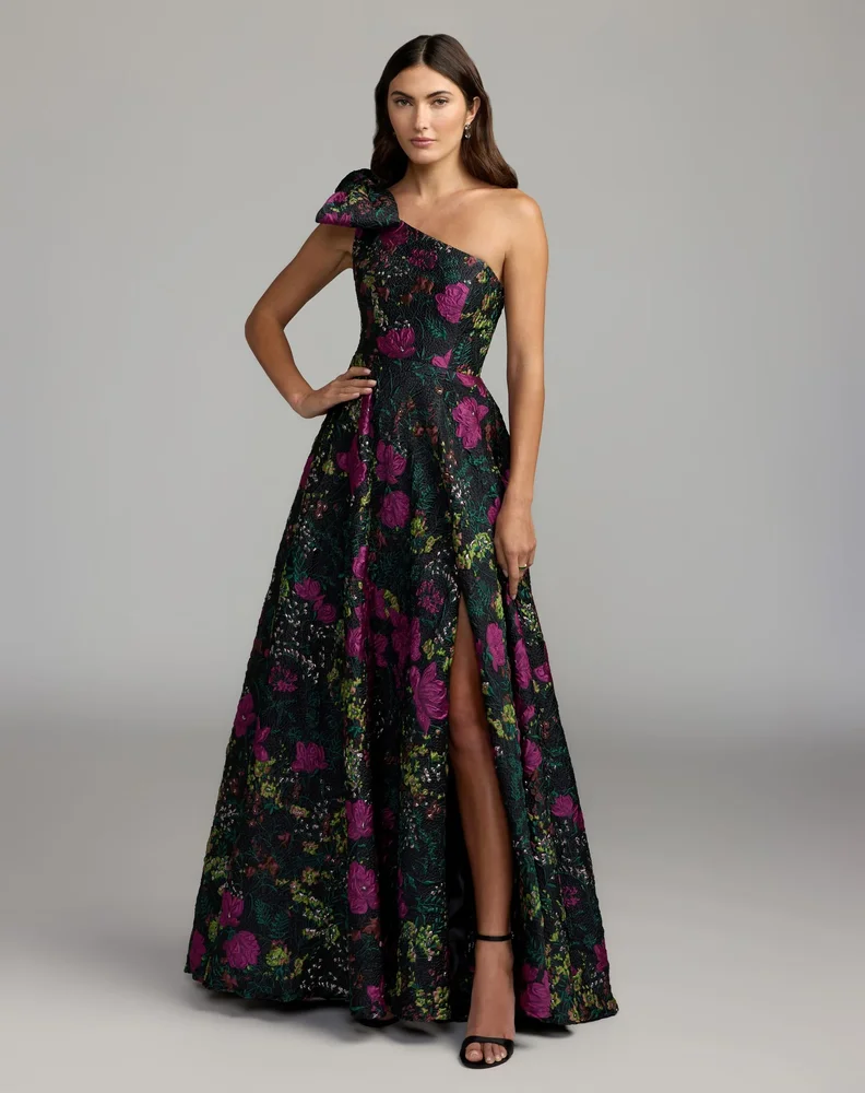 Mac Duggal Petite Black One Shoulder Brocade Floral Gown With Bow