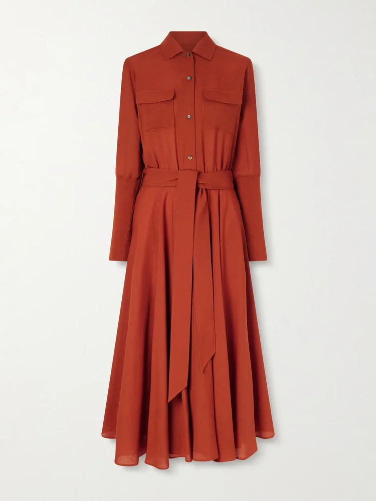 Verlaine belted pleated wool midi shirt dress