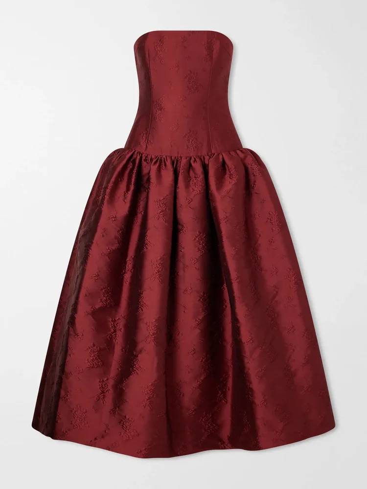 Leyla gathered floral-jacquard satin gown