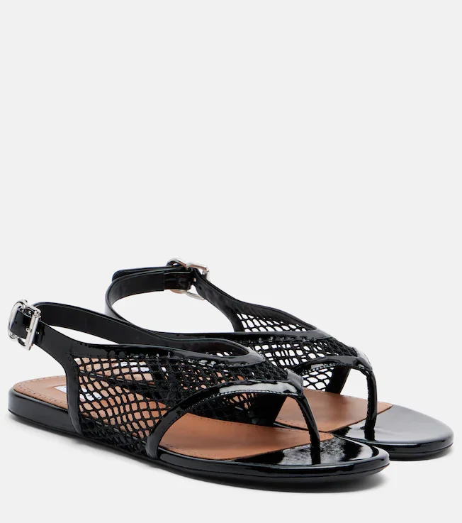 Leather-trimmed fishnet thong sandals