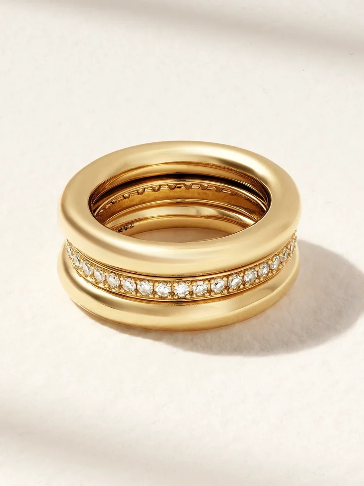Set of three 14-karat recycled gold diamond pinky rings