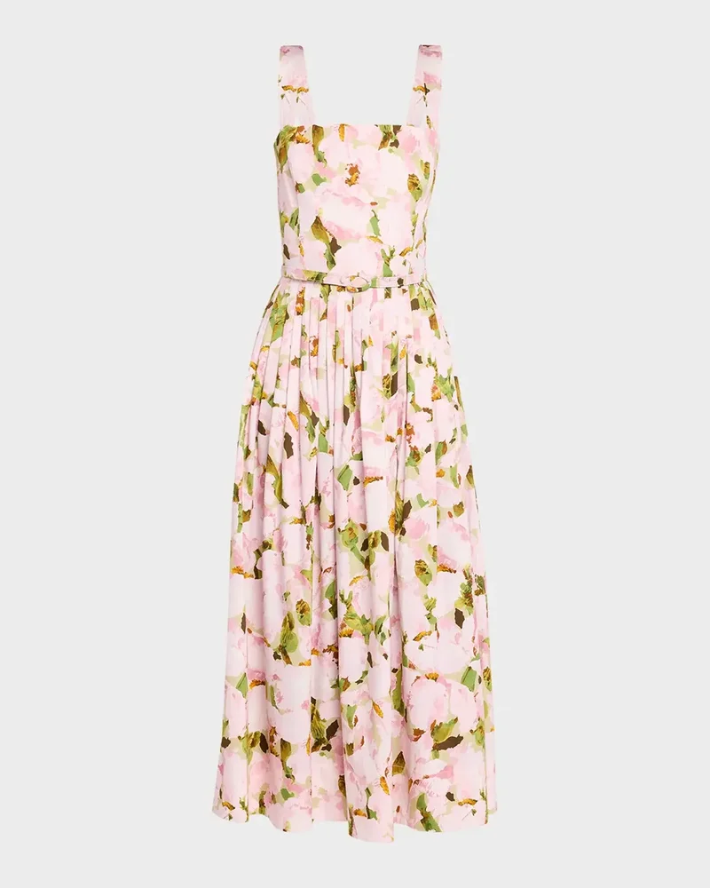 Belted Sleeveless Watercolor Iris Poplin Dress