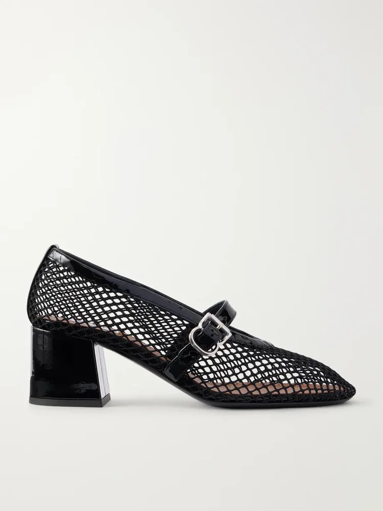 55 patent leather-trimmed mesh pumps
