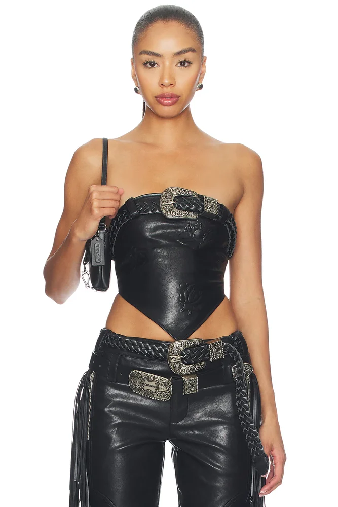 Faux Leather Floral Imprinted Tube Top With Detachable Belt