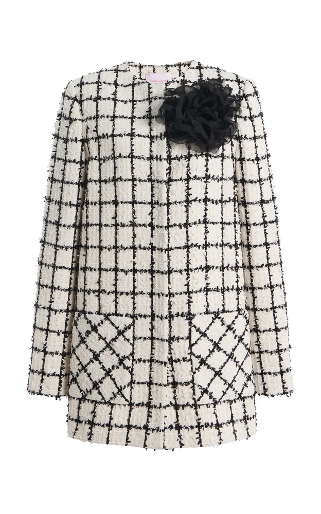 Flower-Detailed Windowpane Tweed Coat