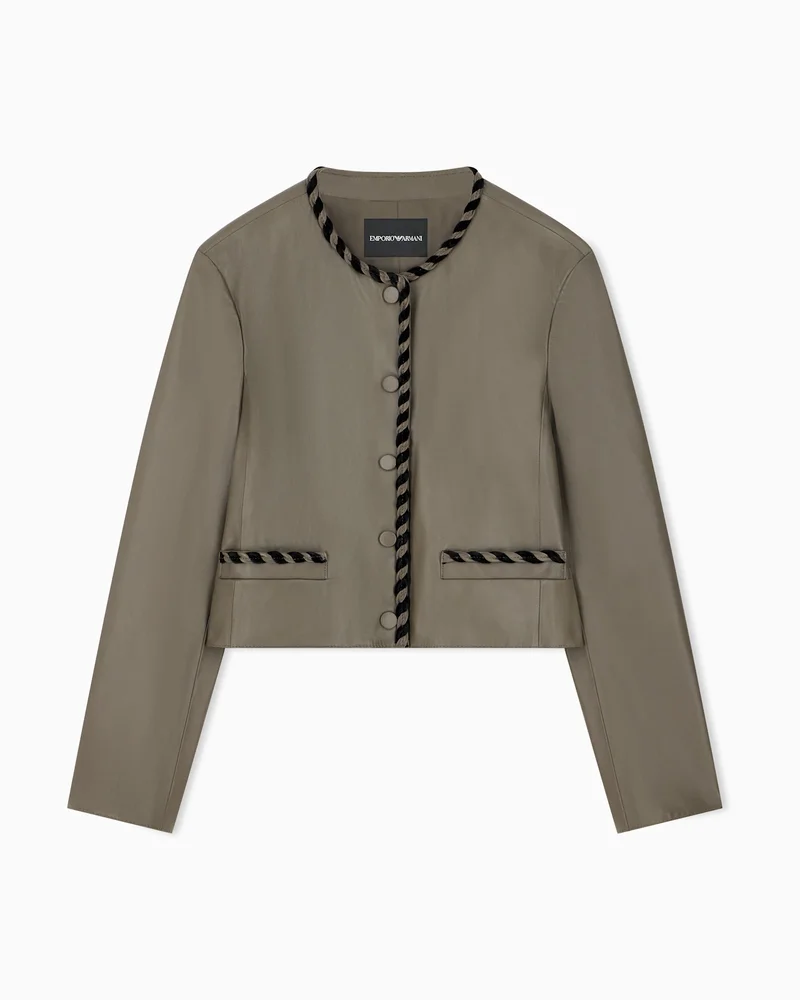 Cropped leather jacket with braided trim and button closure
