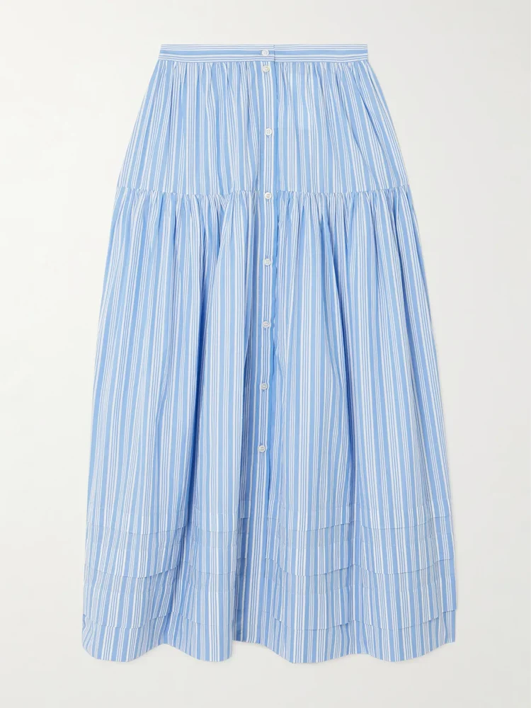 Marceline tiered striped organic cotton midi skirt