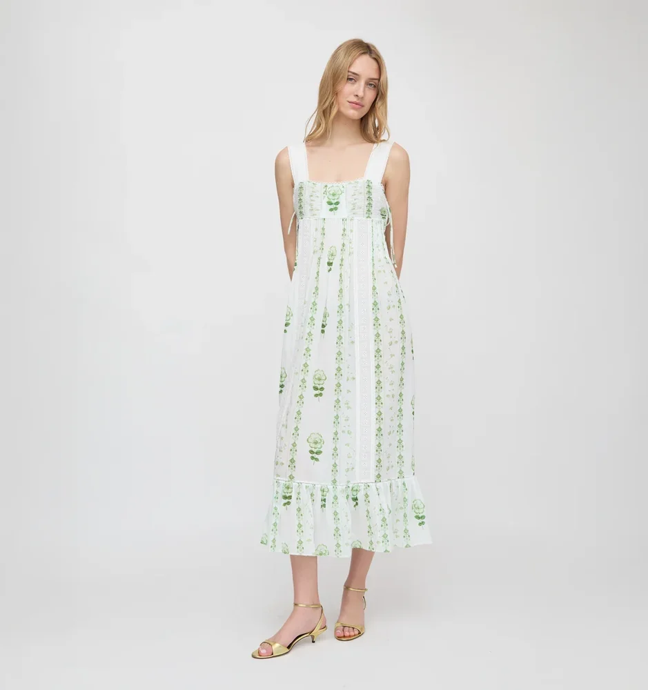 hillhousehome.com The Lux Nightgown - White/Green Arcadia Border