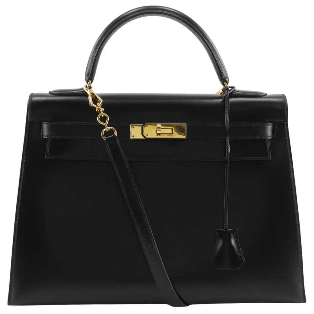 Pre-Owned Kelly Handbag Black Box Calf with Gold Hardware 32
