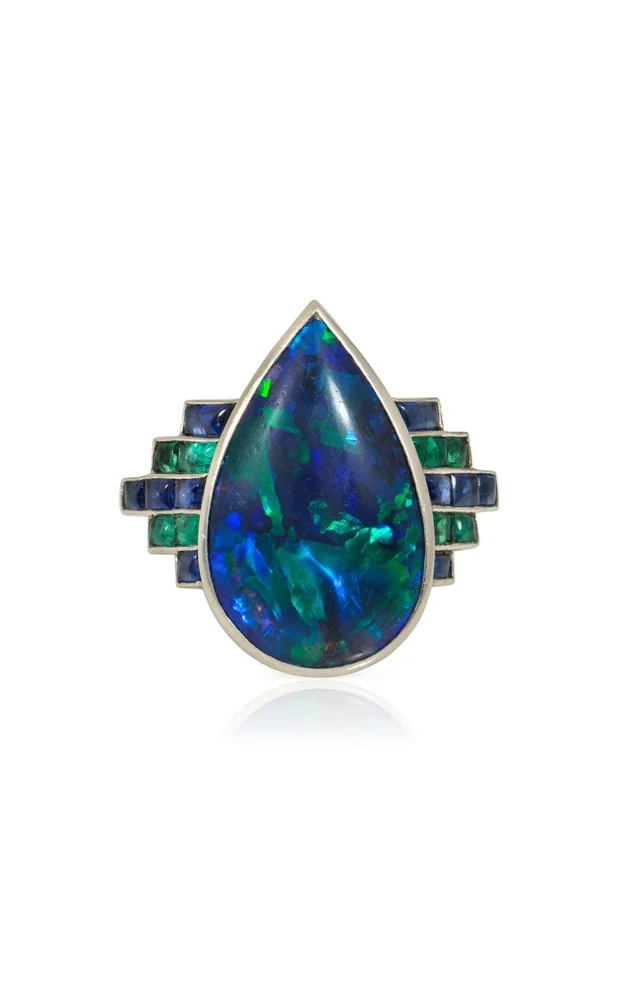 Art Deco Platinum Opal, Emerald, And Sapphire Ring