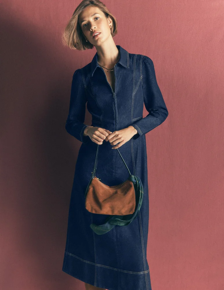 Una Collared Denim Midi Dress-Dark Vintage Denim