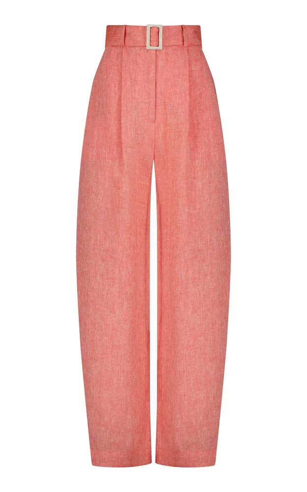 Pleated Linen Barrel-Leg Pants