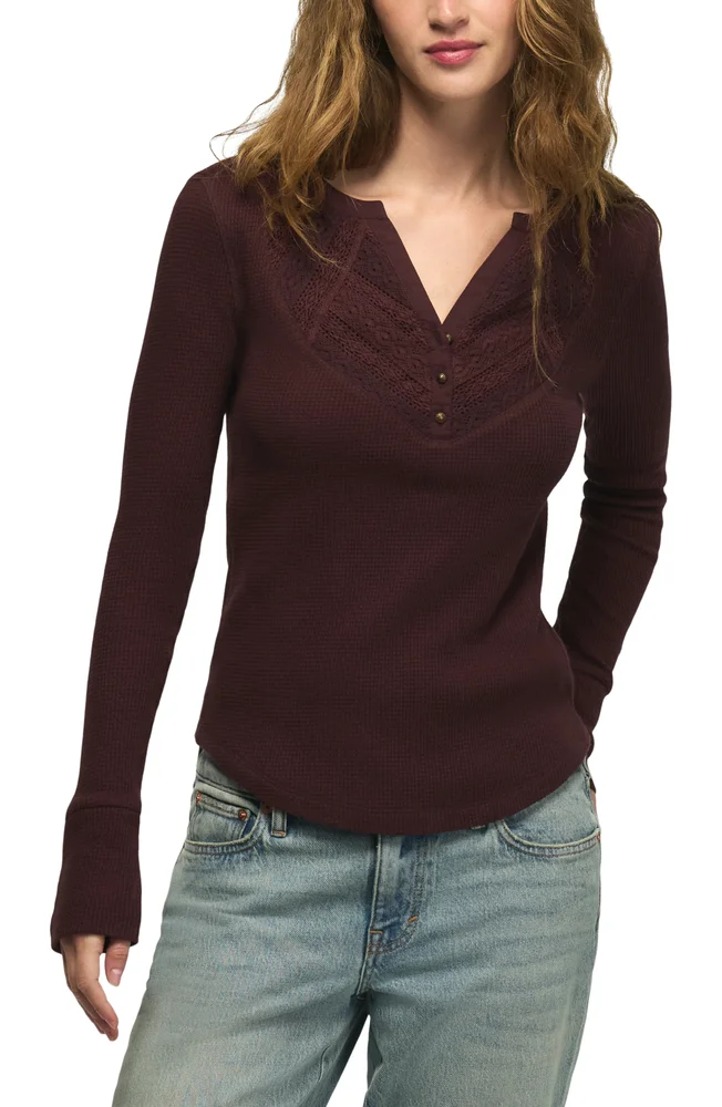 Lace Trim Waffle Stitch Henley Top