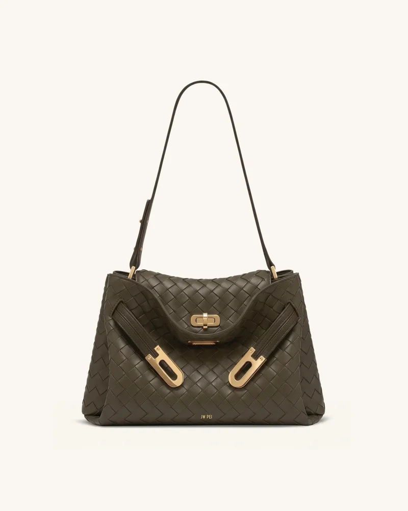 Rhea Woven Texture Double Buckle Shoulder Bag - Dark Green