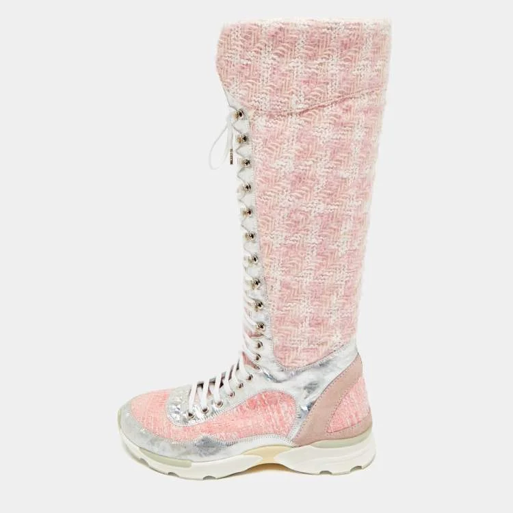 Chanel Size 40 Pink/Silver Leather and Tweed Leather Knee High Top Sneaker Boots