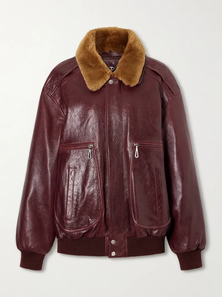 shearling trimmed textured leather jacket