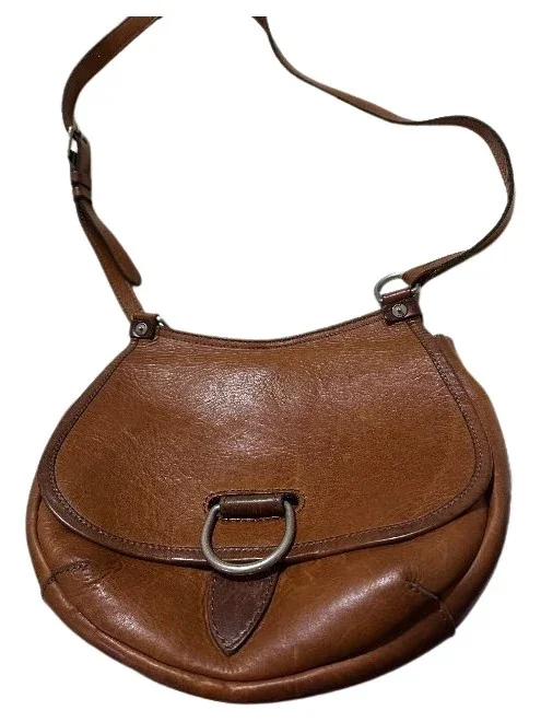 Frye Lucy Leather Crossbody Bag cognac Saddle Flap Brass Ring - Pre-Loved