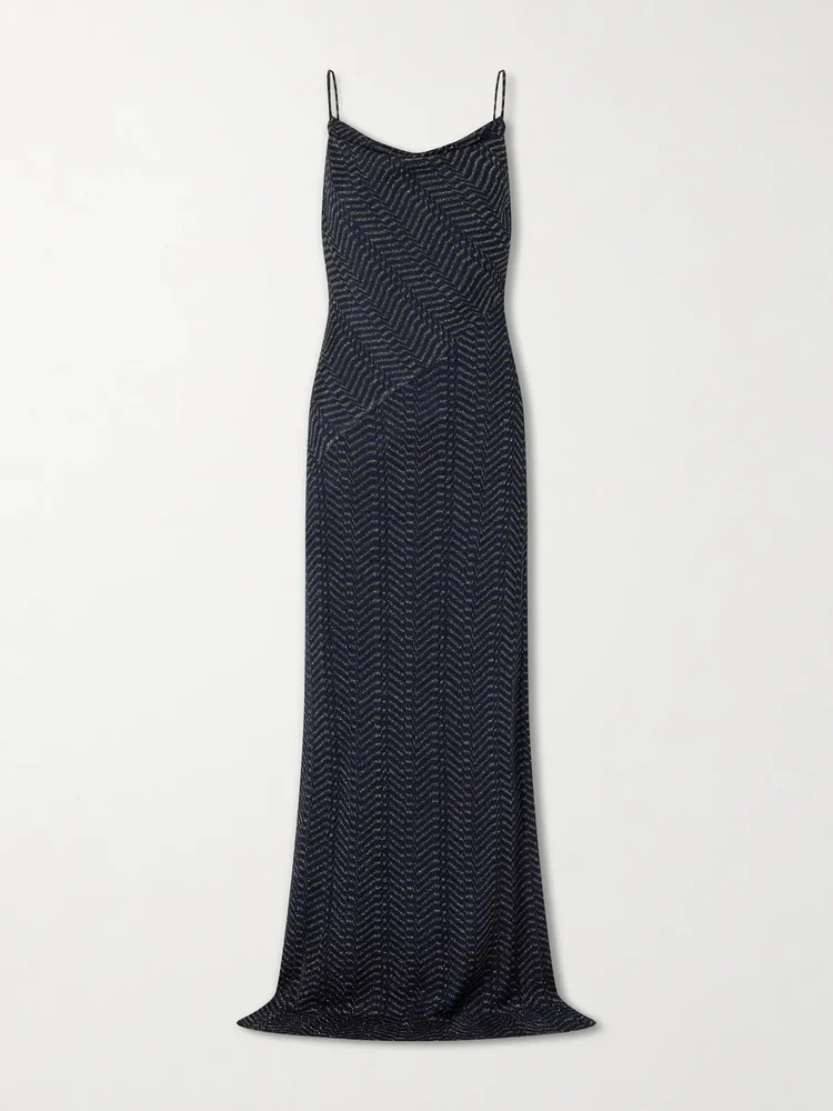 striped metallic crochet knit maxi dress