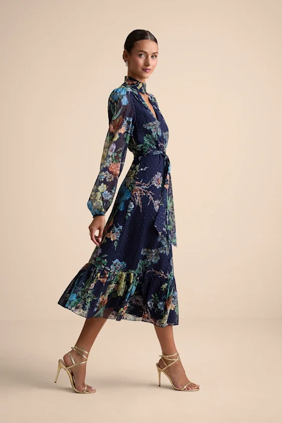 Fallyn Navy Floral Swiss Dot Long Sleeve Midi Dress