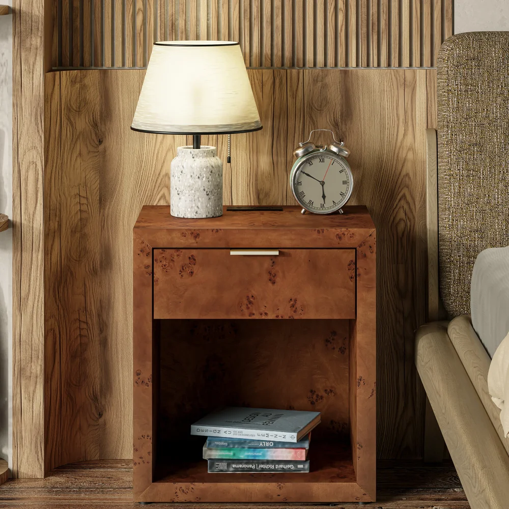 Manish Farmhouse Burl Finish Nightstand With Charging Station And Open Shelf