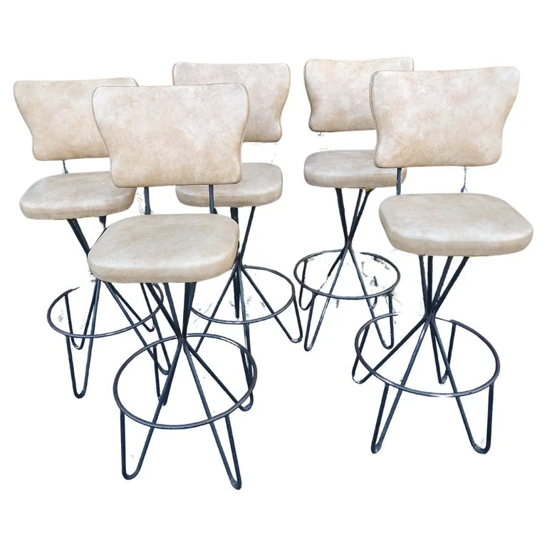 Mid Century Modern Sculptural Iron Hairpin Swivel Bar Stools by Paul Tuttle